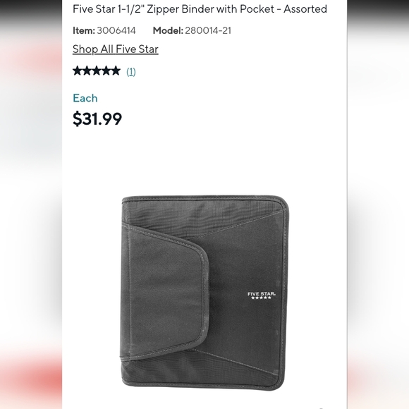 Five Star 1-1/2" Zipper Binder with Pocket - Black New With Tags - Picture 9 of 9